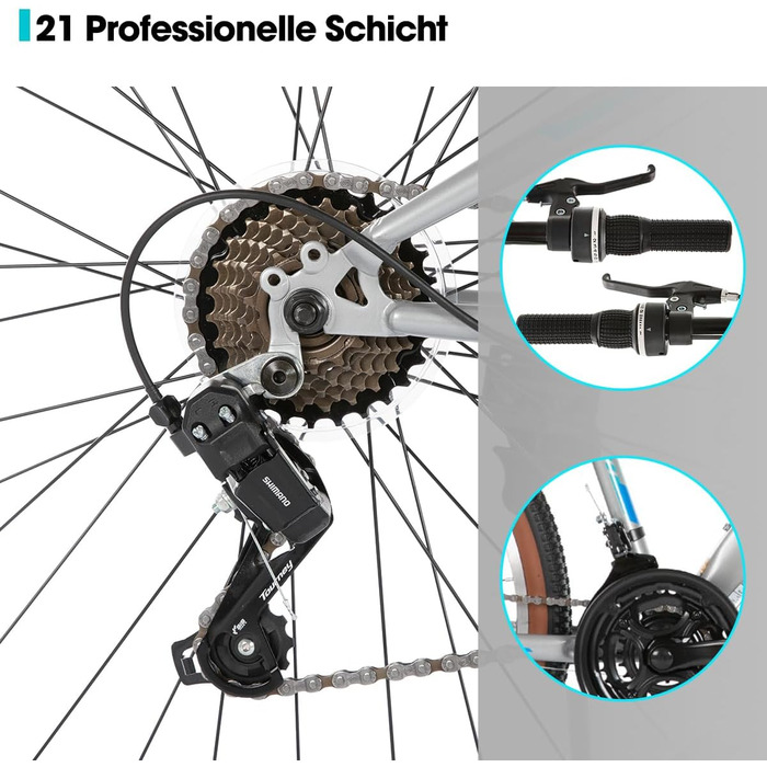 Гірський велосипед HILAND 26 дюймів для чоловіків та жінок, 21-швидкісний гірський велосипед, високоміцна сталева рама, гальма V-подібної форми, хардтейл для дорослих, сірий