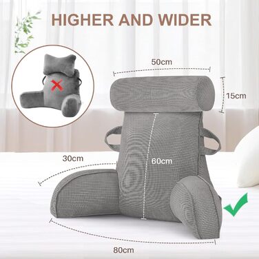 Подушка для спини MINGPINHUIUS, подушка для читання для ліжка та дивана зі знімним валиком для шиї, велика подушка для спини з підлокітником, ідеально підходить як опора для спини для читання, перегляду телевізора, відпочинку, роботи, ігор (сіра)