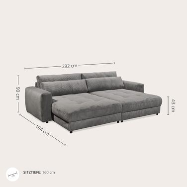 Великий диван BARURA Cord темно-сірого кольору XXL диван з великою спальною зоною, сучасний диван 292x194 см, включаючи подушки для ніг
