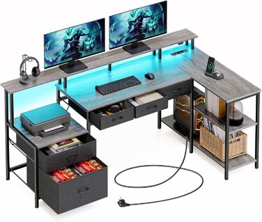 Г-подібний стіл Rolanstar з шухлядами, двосторонній ігровий стіл з розеткою, світлодіодним освітленням та підставкою для монітора, комп&39ютерний стіл 163 см для офісу, кабінету, спальні, сірий