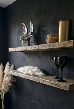 Антикварна настінна полиця з масиву дерева полиця у вінтажному стилі зістареного вигляду плаваюча або зі сталевими кронштейнами кухня, вітальня, тераса (100 см)