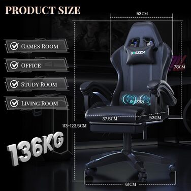 Ігрове крісло bigzzia з функцією масажу та висувною підставкою для ніг, ергономічне поворотне крісло, регульована спинка 90-135, м&39яке ігрове крісло з масажною поперековою подушкою та підголівником, чорне