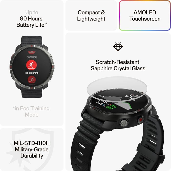 Мультиспортивний GPS-годинник для активного відпочинку Polar Grit X2 AMOLED-дисплей, офлайн-карти, двочастотний GPS, ЕКГ на зап&39ястку, біосенсори Elixir, TrainingPeaks, SpO2, час роботи від батареї до 7 днів, колір Night Black