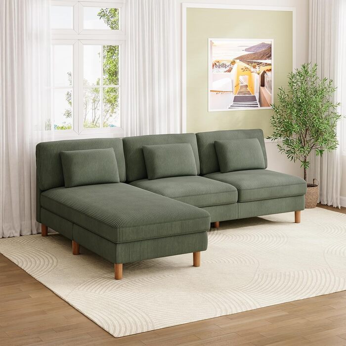 Місний диван Vesgantti Cord без підлокітників, 166 см. Сучасний тримісний диван з подушками, комбінований диван, ідеально підходить для вітальні, спальні, офісу, збирається без інструментів, 166 * 88 * 84 см. Зелений 3-місний диван., 3-