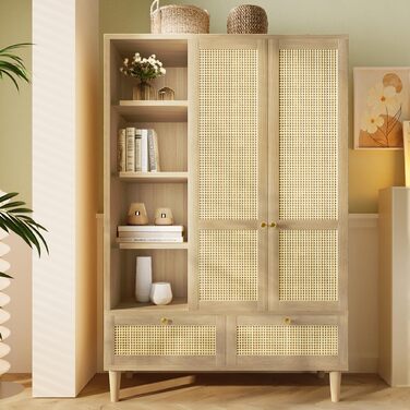 Шафа з 2 дверима та плетінням з ротанга в сільському стилі, під дуб, відкрита полиця, полиці, вішалки для одягу, 2 шухляди, пристрій проти перекидання (180x120x50 см) 180x120x50 см