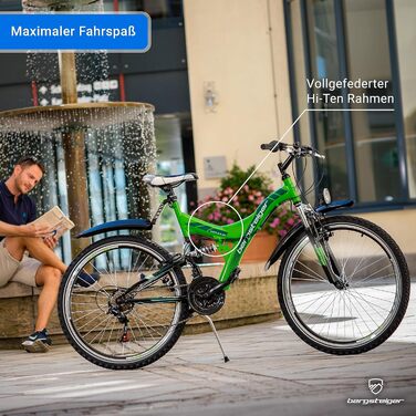 Гірський велосипед Bergsteiger Memphis 26 дюймів, підходить для зросту від 150 см, динамо-ліхтар, відповідає німецьким правилам дорожнього руху (StVZO), 21-швидкісна коробка передач, повна підвіска, для хлопчиків та чоловіків, блискуче-білий