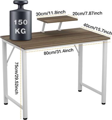 Письмовий стіл з полицею для монітора, стіл для ПК, комп&39ютерний стіл 80x40x75см, комп&39ютерний стіл, офісний стіл, дерев&39яний офісний стіл, стабільний стіл для ноутбука, робочий стіл, колір темного дерева 80x40x75см