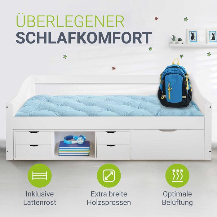 Функціональне ліжко Juskys Nalu 90x200 см - Дерев&39яне ліжко з рейковою основою та шухлядами - Ліжко з місцем для зберігання речей для дітей - Дитяче ліжко, Дитяче ліжко, Гостьове ліжко - Біле