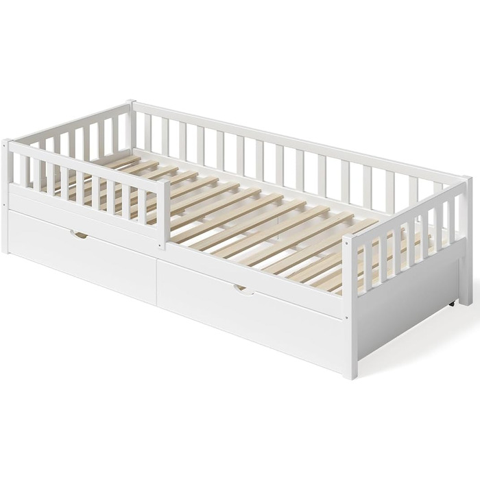 Дитяче ліжко Bellabino Vils 90x200 см Ліжко для малюків, що розкладається до 90x190 см, із захистом від падіння та рейковою основою Дитяче ліжко Монтессорі з масиву сосни білого кольору для хлопчиків та дівчаток. Біле з гостьовим ліжком (матрац не входить