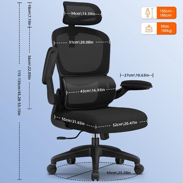 Офісне крісло, ергономічне офісне крісло з регульованим підголівником, поперековою опорою та відкидними підлокітниками, крісло для керівника 150 кг, ергономічне крісло з функцією гойдання до 135, чорне, модель 2