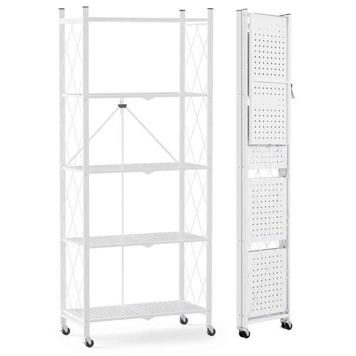 Складана полиця ALANNG на колесах - Окремостояча полиця з 5 полицями, Металева книжкова полиця - Міцна та без складання - Для кухні, вітальні, підвалу, офісу - Біла 154 x 62 x 29,5 см