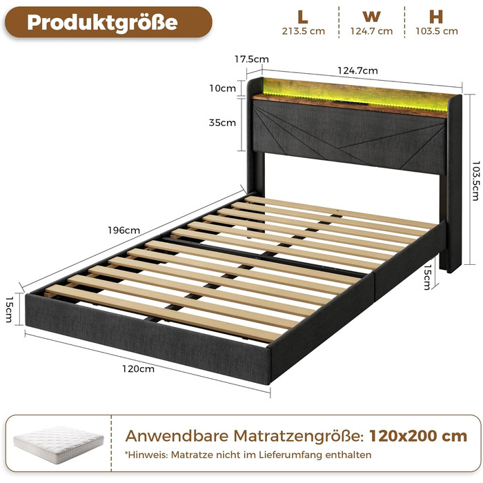 М&39яке ліжко IRONCK 120x200 см, Ліжко 120x200 зі світлодіодним освітленням та зарядною станцією (2 розетки змінного струму, порти USBType-C), Каркас ліжка з місцем для зберігання, Плаваюче односпальне ліжко з рейковою основою, Льняне, Сірий 120 x 200 см