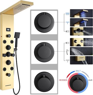 Душова панель зі світлодіодним підсвічуванням, KEOKBON 6 в 1 Душові панелі з арматурою з нержавіючої сталі з РК-дисплеєм температури, водоспадом і тропічним душем 8 Масажний душ Ручний душ Вхід для ванни, Матове золото і чорний