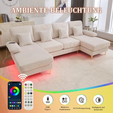 Подібний диван зі світлодіодним підсвічуванням, кутовий диван з функцією сну, диван-ліжко з 4 розкішними подушками, ергономічний розкладний диван, для вітальні/спальні, каркас з масиву дерева, 265 см, бежевий (265 см)