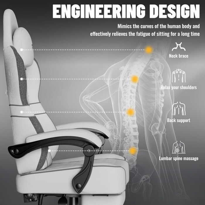 Ігрове крісло Soontrans з масажною поперековою опорою, м&39яке ігрове крісло, ергономічне ігрове крісло з підставкою для ніг, бавовна, регульована спинка 90-160, ігрове крісло (біле), суміш бавовни та льону, білий
