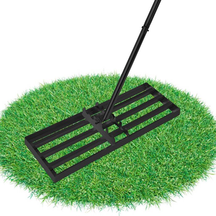 Регульована граблі-рівняч для газону з нержавіючої сталі та ергономічною ручкою. Ідеально підходить для вирівнювання газонів, розпушування ґрунту, піску та догляду за садом, двором, гольф-полем (50 x 25 см, Чорний). Розмір 50x25 см, колір - Чорний.