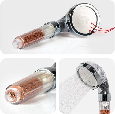 Лійка для душу EASYmaxx Wellness з мінеральними кульками та 3 режимами струменя води Зберігає 30 води за рахунок збільшення напору води приблизно на 50. 344 мікронасадки, функція природного фільтра для води, для всіх зєднань 1/2 дюйма