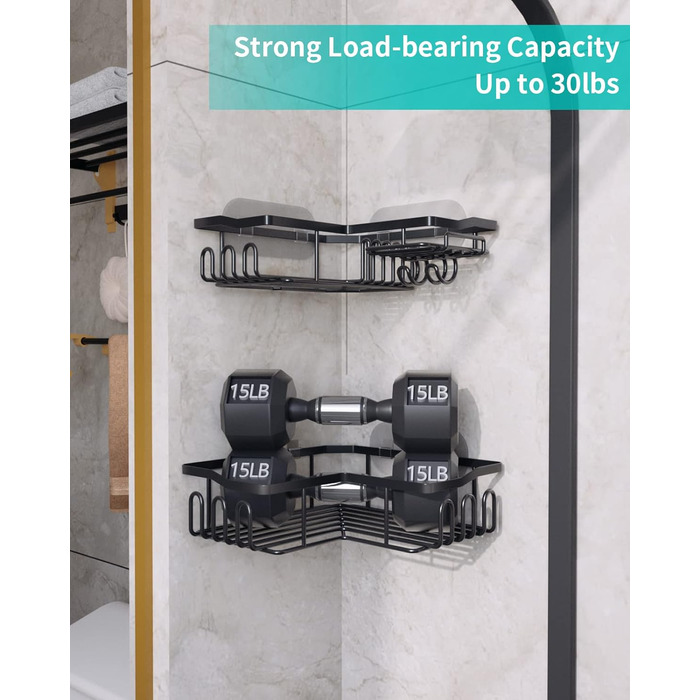 Душова полиця HapiRm, Душова полиця без свердління, Душова полиця кутова чорна з 11 гачками, мильниця і тримач для бритви, Душова