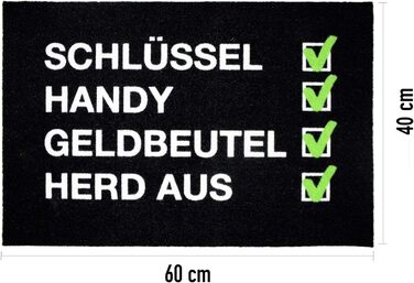 Килимок для дверей крупним планом Контрольний список - ключі, телефон, гаманець Забудькуватий - кумедний дизайн Нековзний, міцний та миється Для використання в приміщенні та на вулиці Контрольний список 60x40 см (прямокутний)
