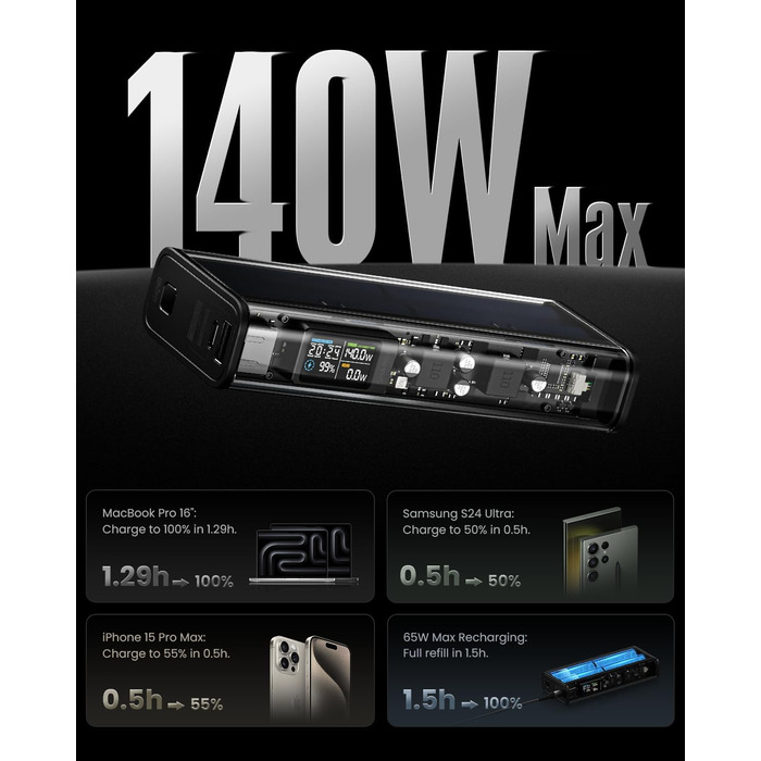 Прозорий Powerbank USB-C USB-A порти з розумним дисплеєм, ноутбук зовнішні акумулятори для мобільних телефонів для iPhone 16/15/14