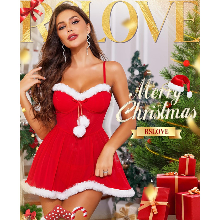Різдвяна білизна RSLOVE для жінок - пеньюар з помпонами зі штучного хутра, костюм Санта-Клауса, сексуальна білизна на Різдво, розмір L, червоний