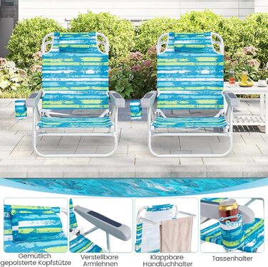 Складані пляжні крісла COSTWAY, легкі, комплект з 2 шт. , кемпінгові крісла з регульованою спинкою, підголівником, тримачем для напоїв та тримачем для рушників, складні крісла, вуличні крісла, витримують до 150 кг (зелені) 2 крісла в зелену смужку