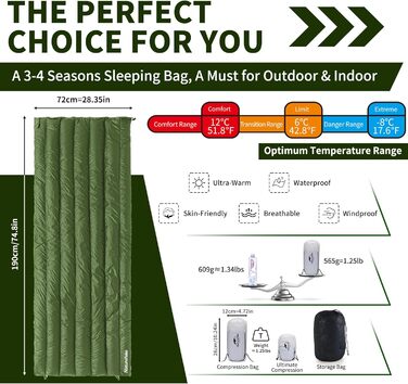 Натуральний пуховий спальний мішок Naturehike, ультралегкий, компактний портативний конверт 650 FP, зимовий спальний мішок на 3-4 сезони з невеликим розміром упаковки для кемпінгу на свіжому повітрі CW295-армійський зелений-650FP