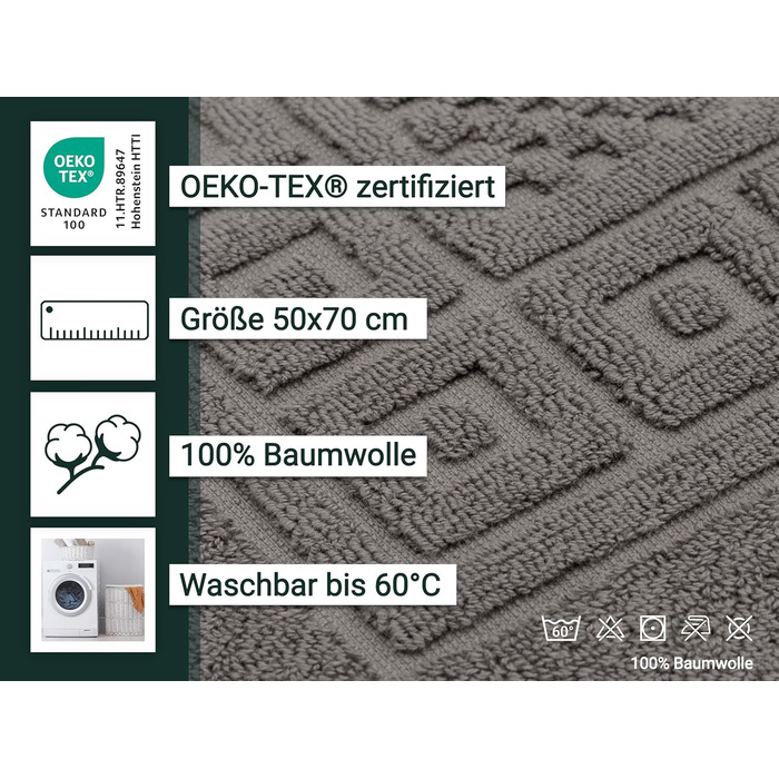 Комплект килимків для ванної ZOLLNER з 2 предметів, 50x70 см - м&39який та вбираючий вафельний візерунок сірого кольору - можна прати до 60C - бавовна - готельна якість - сертифікований Oeko-Tex, антрацит, 2 килимки для ванної