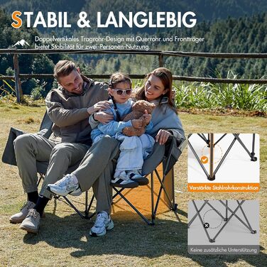 Складаний кемпінговий стілець/диван Portal для 2 осіб, вантажопідйомність 272 кг, суперм&39який з сумкою для зберігання, подвійний складний стілець/диван, товста підкладка, висока спинка для саду/балкона, сірий