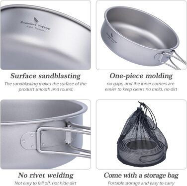 Набір титанових каструль та мисок Boundless Voyage зі складною ручкою, портативний посуд для кемпінгу на свіжому повітрі, тарілки та блюдця, столовий посуд Ti1096T