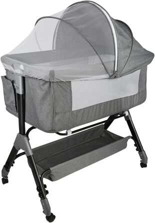 Дитяче ліжечко-колиска, 4-рівневе регулювання висоти, 3-в-1 дитяче ліжко та колиска, ліжечко з колесами, москітна сітка, нахил 20, 104 x 52 x 100-110 см Linen Grey