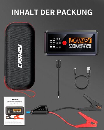 Стартерний зарядний пристрій 5000A для автомобілів, автомобільний стартерний зарядний пристрій, зарядний пристрій для стартера 12 В (до 8,0 л бензину або 8,0 л дизельного палива), підсилювач акумулятора автомобіля з USB-виходами для швидкої зарядки та сві