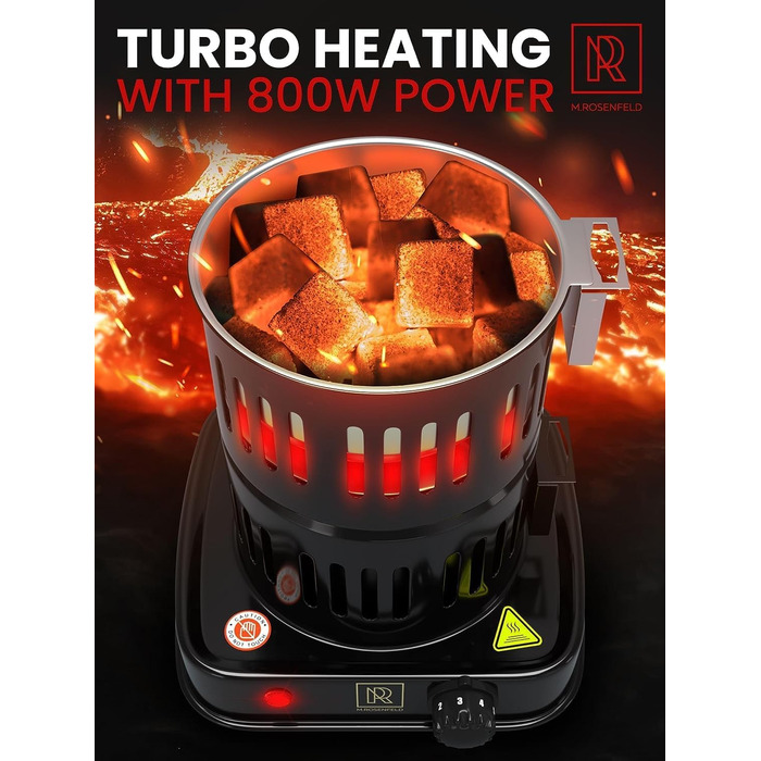 Кальянна вугільна запальничка електрична 800 Вт Turbo вугільна запальничка з дуже довгим кабелем 150 см, знімним кошиком для вугілля та 2 щипцями - Пальник для кальяну для кальянних кубиків Black Black 800w