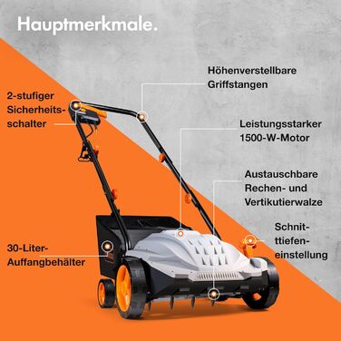 Електричний аератор/вертикуттер/граблі для газону 1500 Вт, для розпушування та прибирання газону, видаляє повсть, мох та листя, покращує аерацію ґрунту, мішок для збору 30 л, 4 рівні висоти зрізу, ширина робочого захоплення 32 см, потужність 1500 Вт