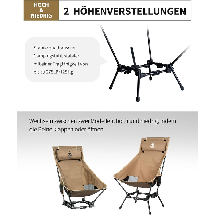 Крісло для кемпінгу OneTigris DRAGONHIDE, висока спинка, складне, вантажопідйомність 125 кг, легке складне кемпінгове крісло, складне рибальське крісло з 2 боковими кишенями, надлегке складне крісло для використання на свіжому повітрі, для походів, коричн