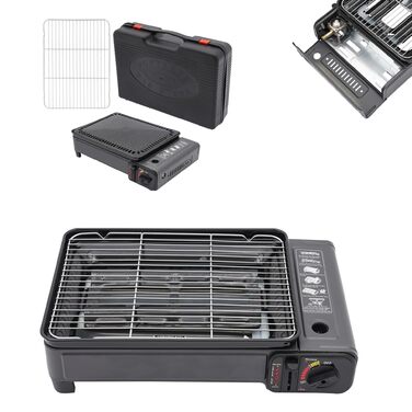 Газовий гриль-плита 2-в-1 для кемпінгу - портативний багатофункціональний гриль потужністю 3 кВт з п&39єзоелектричним запалюванням та запобіжним клапаном, включає комплект грилів алюмінієвий кейс (3,2 кг) для використання на вулиці/кемпінгу/балконі (41,5 