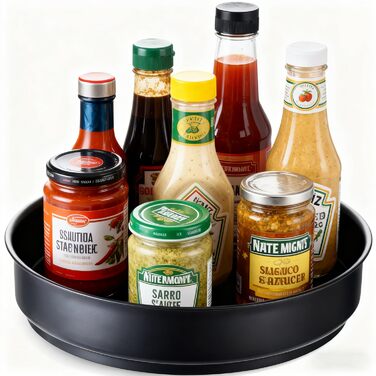 Обертова підставка для спецій для кухні, Кухонна підставка для спецій, Обертова підставка для спецій для зберігання спецій та банок у коморі, Органайзер для спецій з нержавіючої сталі (31 см) Чорний 31 см