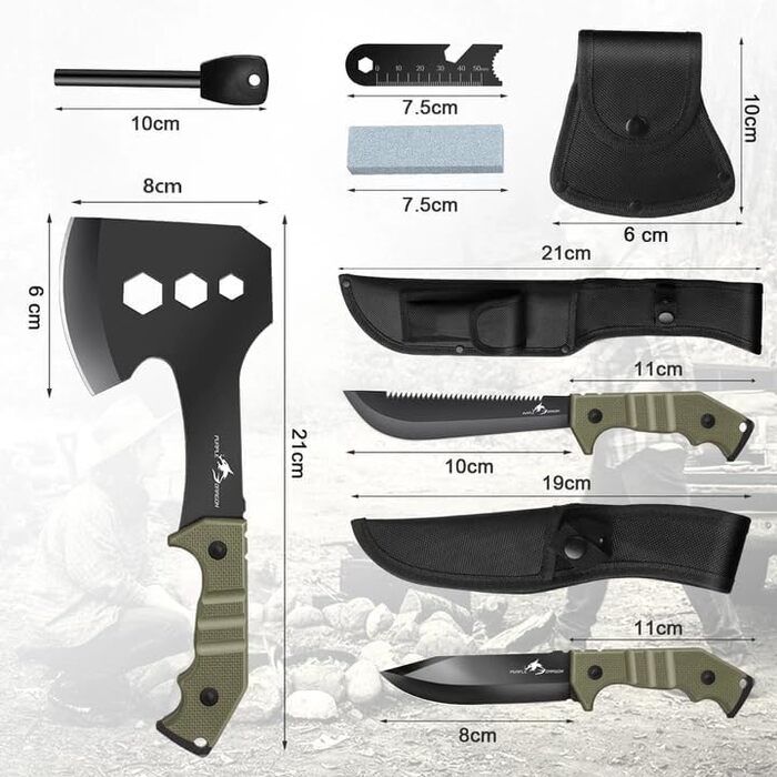 Великий ніж-сокира Purple Dragon для активного відпочинку, набір з піхвами. Міцний сокира з цільного шматка сталі D2, для кемпінгу, виживання та розпилювання деревини. Чудовий подарунок для чоловіків, колір зелений.