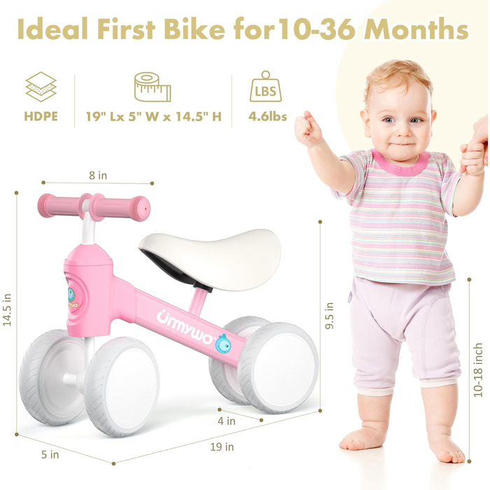 Дитячий велосипед-балансир URMYWO від 1 року, іграшка-балансир для дитини 10-24 місяців, перший велосипед без педалей з 4 колесами