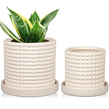 Набір із 2 керамічних квіткових горщиків, 15 см 11 см, з бульбашками та дренажними отворами, сині квіткові горщики з перловим дизайном, декоративні кімнатні квіткові горщики, підходять для кактусів та ампельних рослин, білий-2