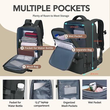 Рюкзак для ручної поклажі 40x30x20 для Ryanair, сумка для ручної поклажі під сидінням, жіноча мала дорожня сумка, рюкзак для подорожей у літак, багажна сумка, чорно-сіра, 40 x 28 x 20 см, 20 л