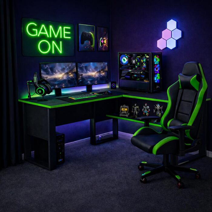 Геймерський стіл Homidea Arena L-подібної форми, кутовий стіл для геймерів та домашнього офісу, великий комп&39ютерний стіл, сучасний дизайн (чорний/зелений) чорний/зелений