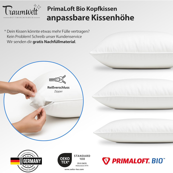 Подушка, виготовлена в Німеччині, 80x80 см, з наповнювачем з органічного мікрофібри Primaloft, білого кольору, вага наповнювача 1500 г. Підходить для алергіків, сертифікована Oeko-Tex Standard 100, біорозкладна, кліматично нейтральна (2 шт.) 80 x 80 см 2