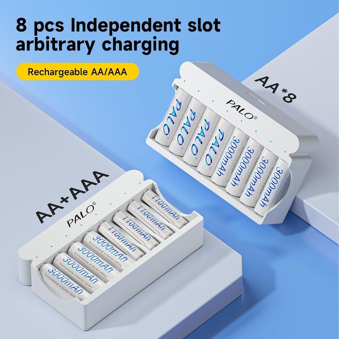 Акумуляторні батарейки типу АА із зарядним пристроєм, 8 слотів, портативна швидка зарядка USB 5V/2A для нікель-металгідридних батарей 1.2V, незалежна зарядка, 12 акумуляторних батарейок типу АА із зарядним пристроєм