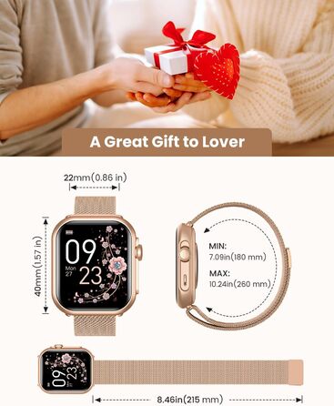 Жіночий смарт-годинник Sanorum з акумулятором 1000 мАг, фітнес-годинник AMOLED 1,85 дюйма з функцією телефону/водонепроникність 5 атм/120 спортивних режимів/пульс/SpO2/кров&39яний тиск, смарт-годинник для Android та iOS, рожеве золото