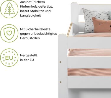 Дитяче ліжко Kids Collective 80x160 см З захисними поручнями та шухлядою Міцна соснова деревина 80x160 см, для дітей віком від 3 до 10 років Біле