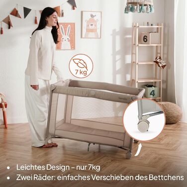 Дитяче ліжечко Lionelo Amelie, від народження до 15 кг, маленьке, складне, м&39який розкладний матрац, 100,5 x 70,5 см, 2 колеса, бічний вхід, дорожня сумка бежевого кольору