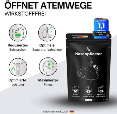 Назальні пластирі чорні, упаковка з 30 преміальних назальних пластирів, проти хропіння, додаткова підтримка для занять спортом та кращої якості сну, краще дихання при закладеному носі, назальні пластирі один розмір 75 Ефективність