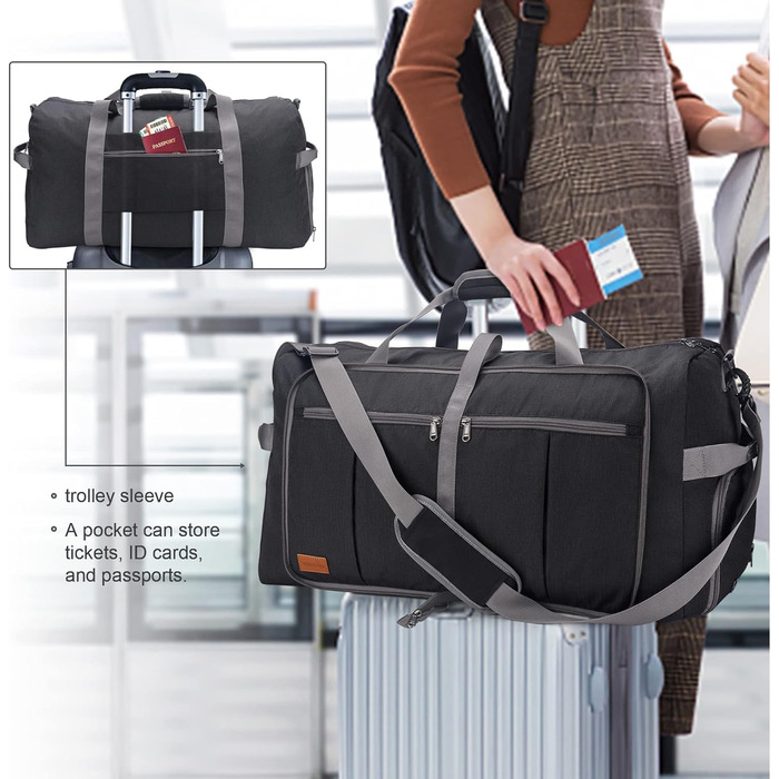 Складана дорожня сумка Upeelife, велика дорожня сумка для жінок та чоловіків, спортивна сумка, водонепроникна, сумка на вихідні з відділенням для взуття та вологою кишенею, темно-чорна, 125 л, сучасна