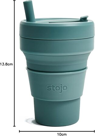 Складана кавова кружка STOJO On-The-Go Biggie з кришкою, 473 мл, багаторазова та складна силіконова дорожня кружка, портативна, кишеньковий розмір, можна мити в посудомийній машині, евкаліпт